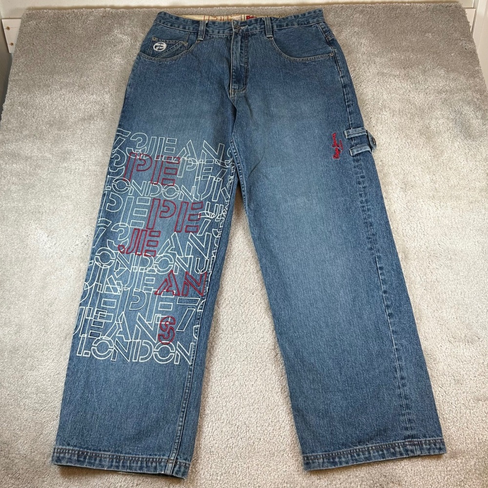 Pepe Jeans London Carpenter Jeans Mens 36 Blue Wide Leg Graphic Y2K Baggy Denim